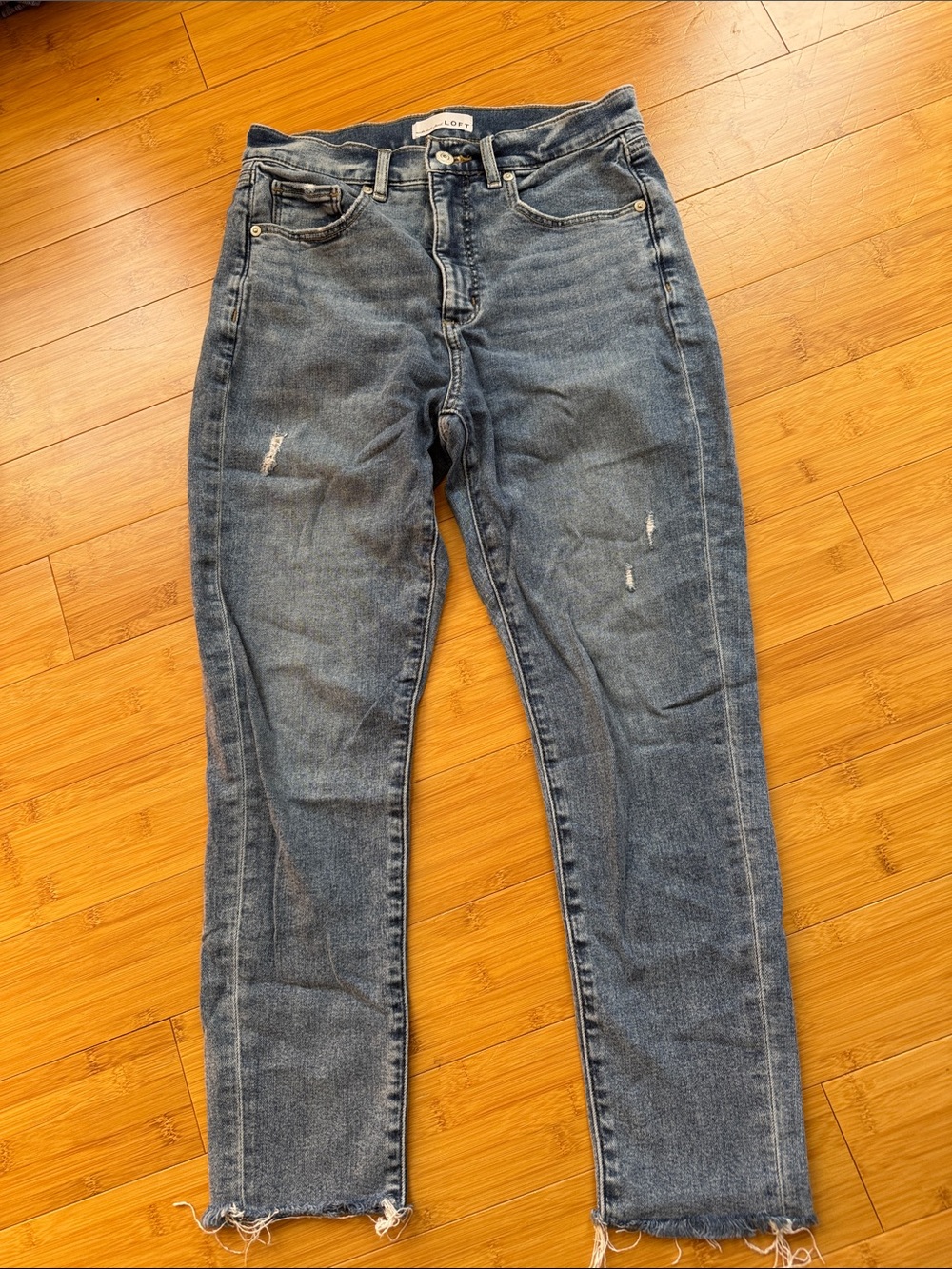 LOFT High-Rise Straight Jeans in Faded Blue with Raw Hem